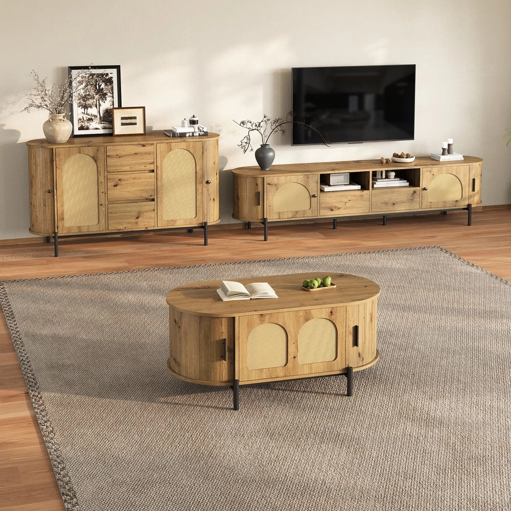 Set Tavolino da Salotto 3 Pezzi ¨C MINIMAL ¨C Legno, Metallo, Effetto Rattan