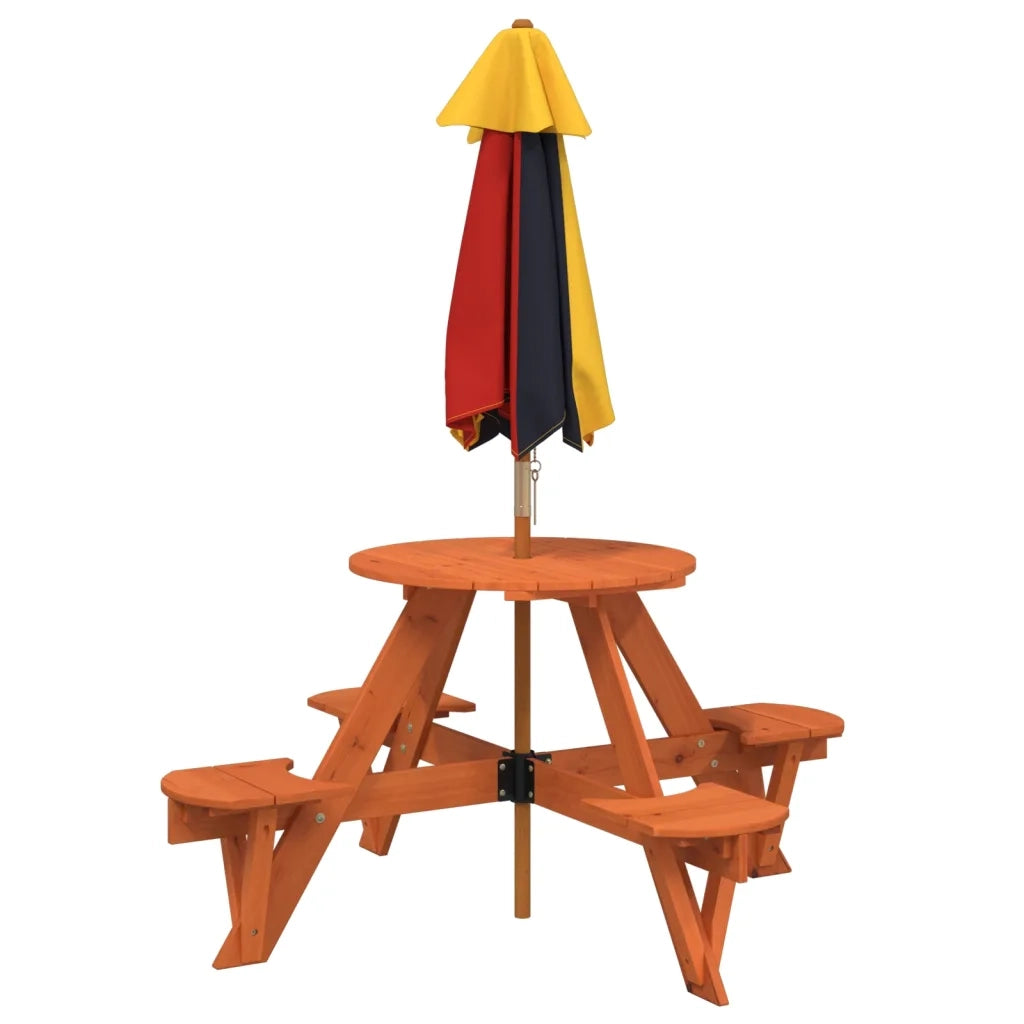 vidaXL Tavolo Picnic per 4 Bambini con Ombrellone Rotondo Legno Abete