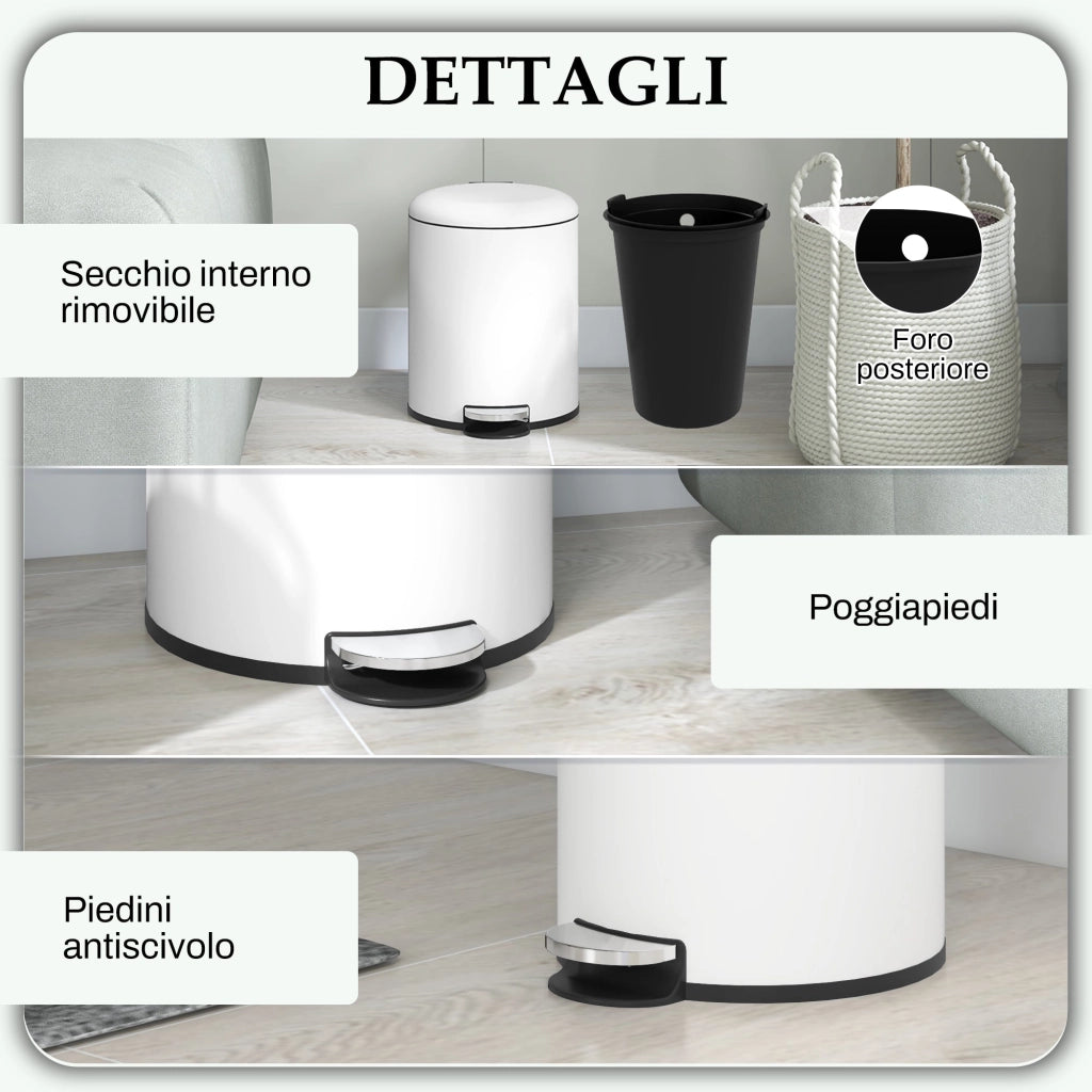 Pattumiera a Pedale 5 Litri 26,5x21x28 cm con Coperchio Frizionato in Metallo e PP Crema