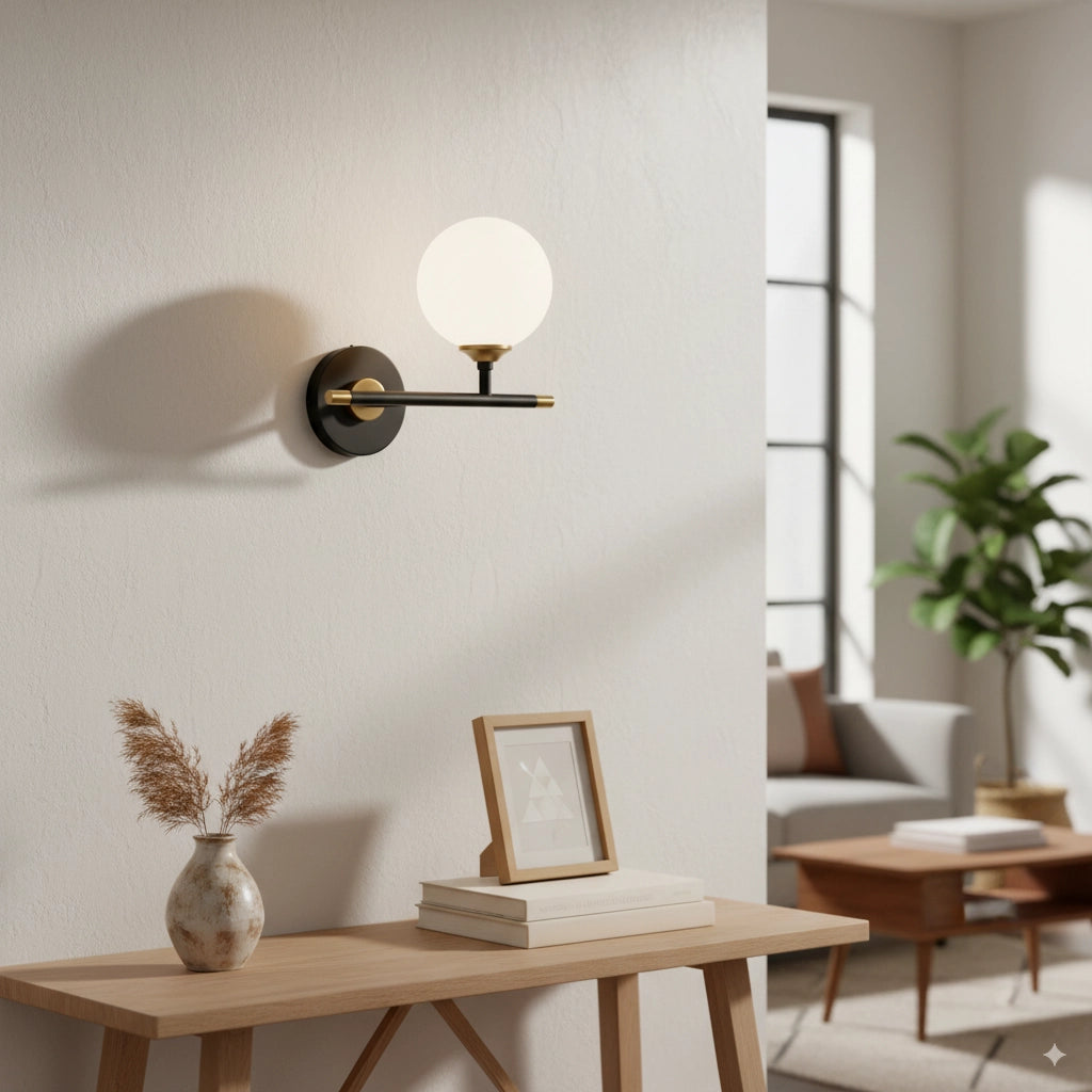 Applique da Interno con Sfera Bianca Opalina – Attacco G9 – Struttura Nero e Oro– Design Moderno 24x20 cm Senza lampadina
