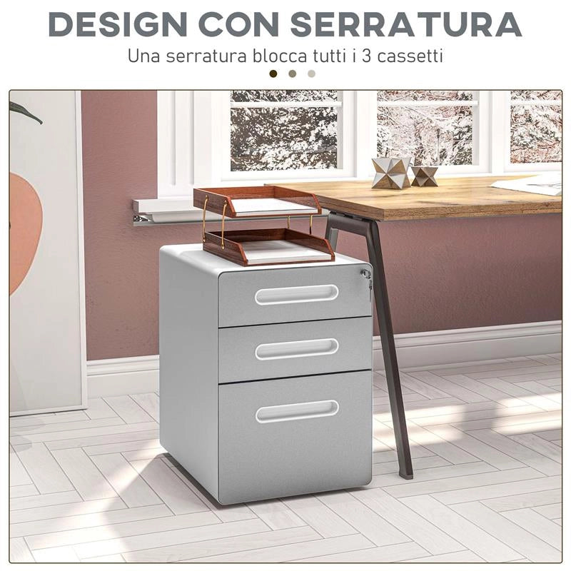 CASSETTIERA PER UFFICIO A 3 CASSETTI CON SERRATURA, RUOTE, PORTADOCUMENTI FORMATO A4, LEGALE E LETTERA, GRIGIO CHIARO