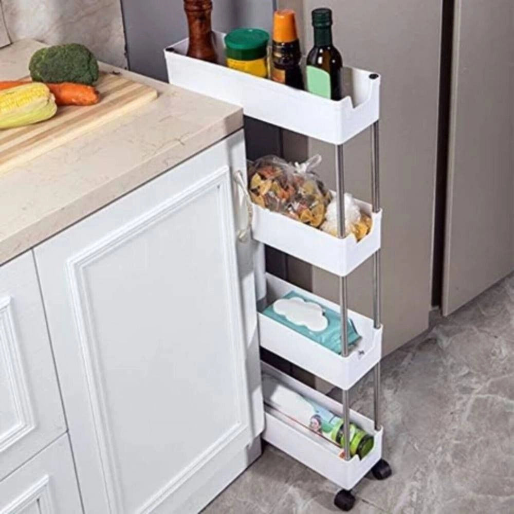 Trade Shop - Carrello Salvaspazio Carrellino Slim Cucina Bagno Ripostiglio 3 Ripiani 4 Ruote -