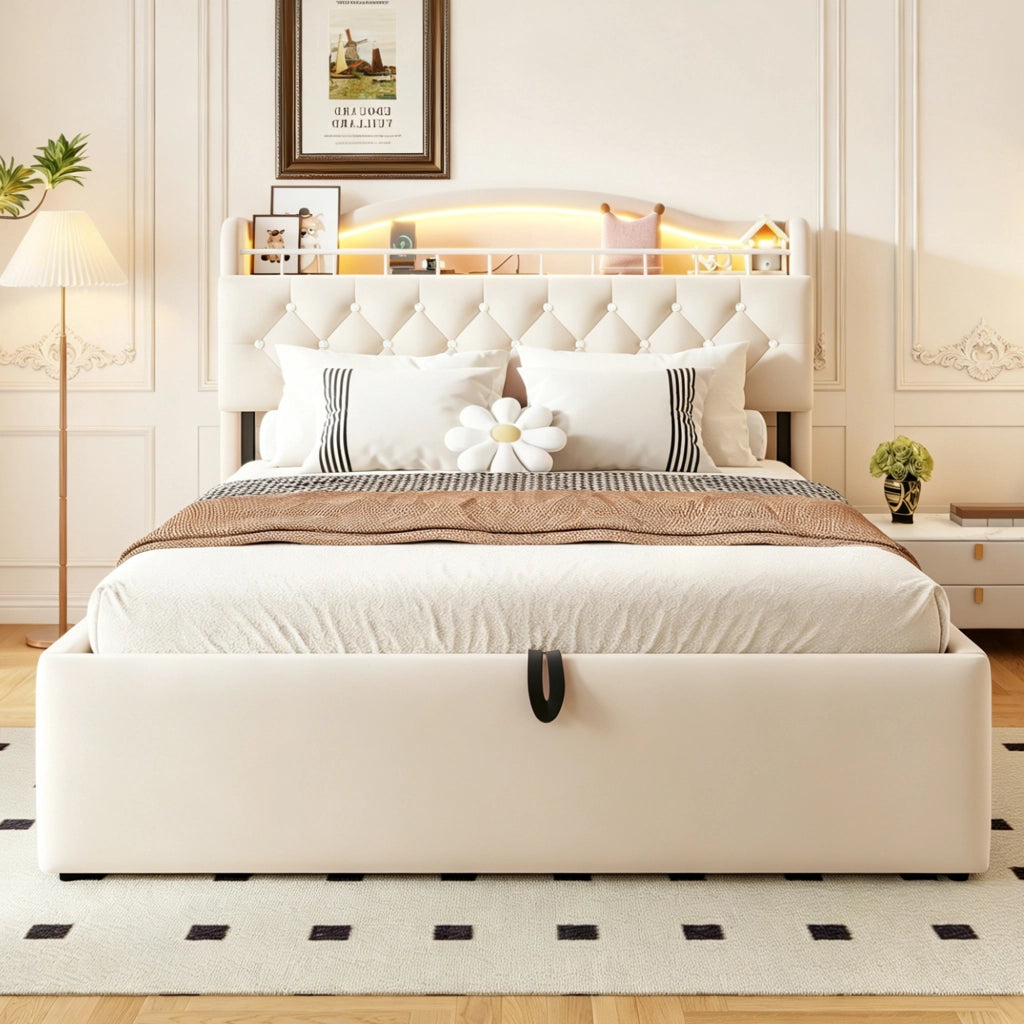 Letto contenitore 140 × 200 cm con sollevamento idraulico, USB e USB-C, vano testiera, senza materasso, beige