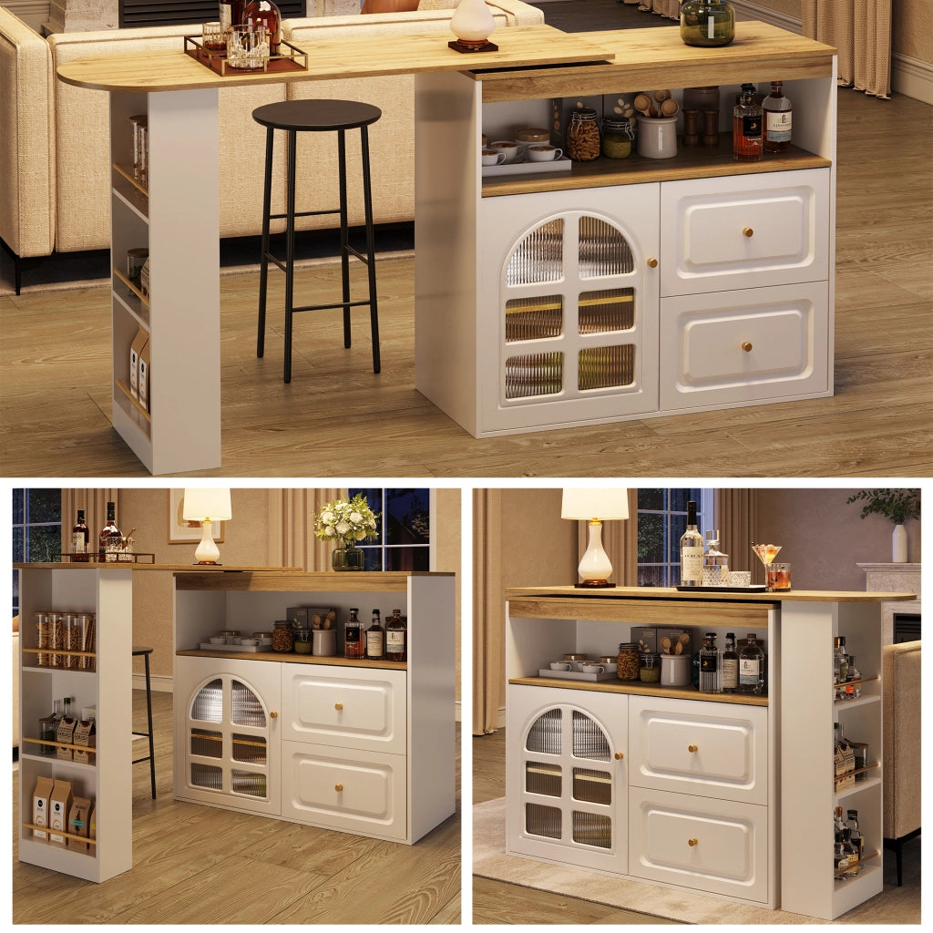 Mobile Bar Girevole con 2 Cassetti; Ripiani e Anta in Vetro Curvo; in MDF; Bianco; 138-204 x 39 x 104 cm