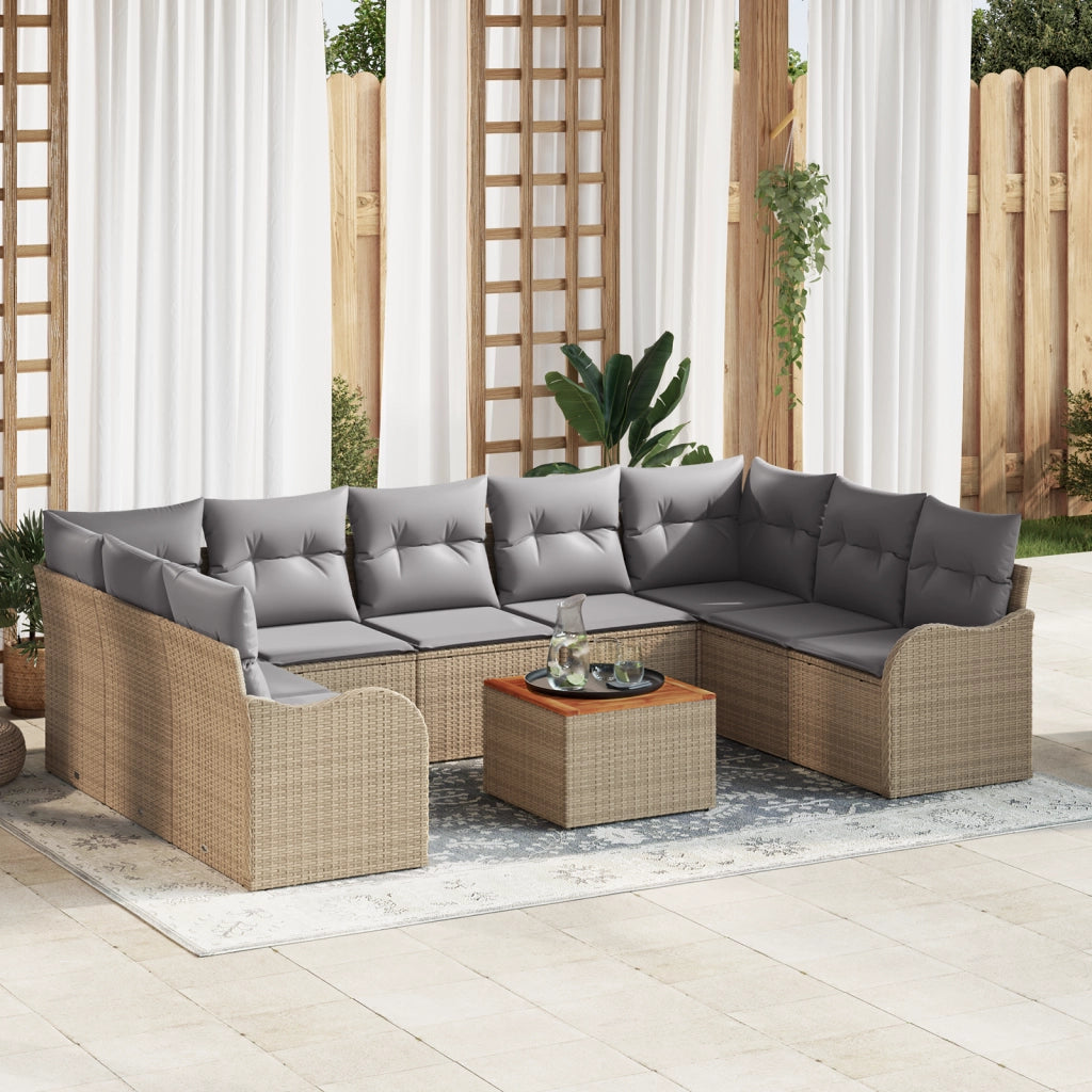 Set Divano da Giardino  10 Pezzi con Cuscini Beige Polyrattan Acacia