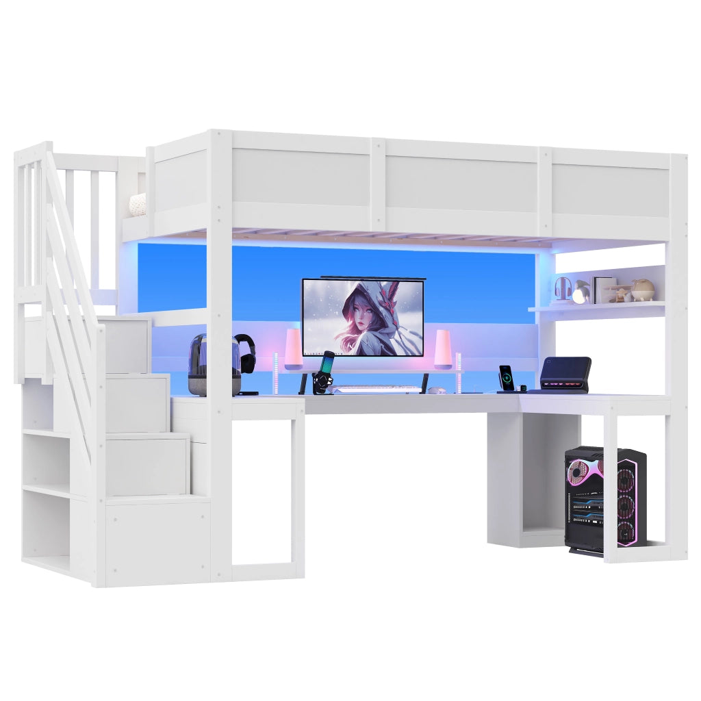 Letto a soppalco gaming 90x200 cm con scrivania; scala contenitore; LED e USB; MDF e compensato bianco