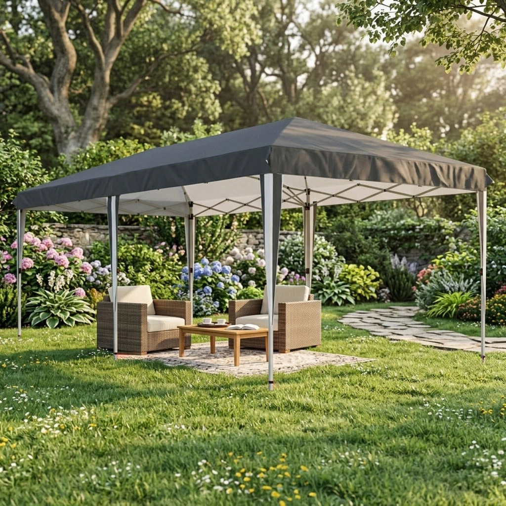 Gazebo Pieghevole 3x6 Metri Con Pareti Laterali E Finestre Impermeabile Altezza Regolabile Struttura In Metallo Nero