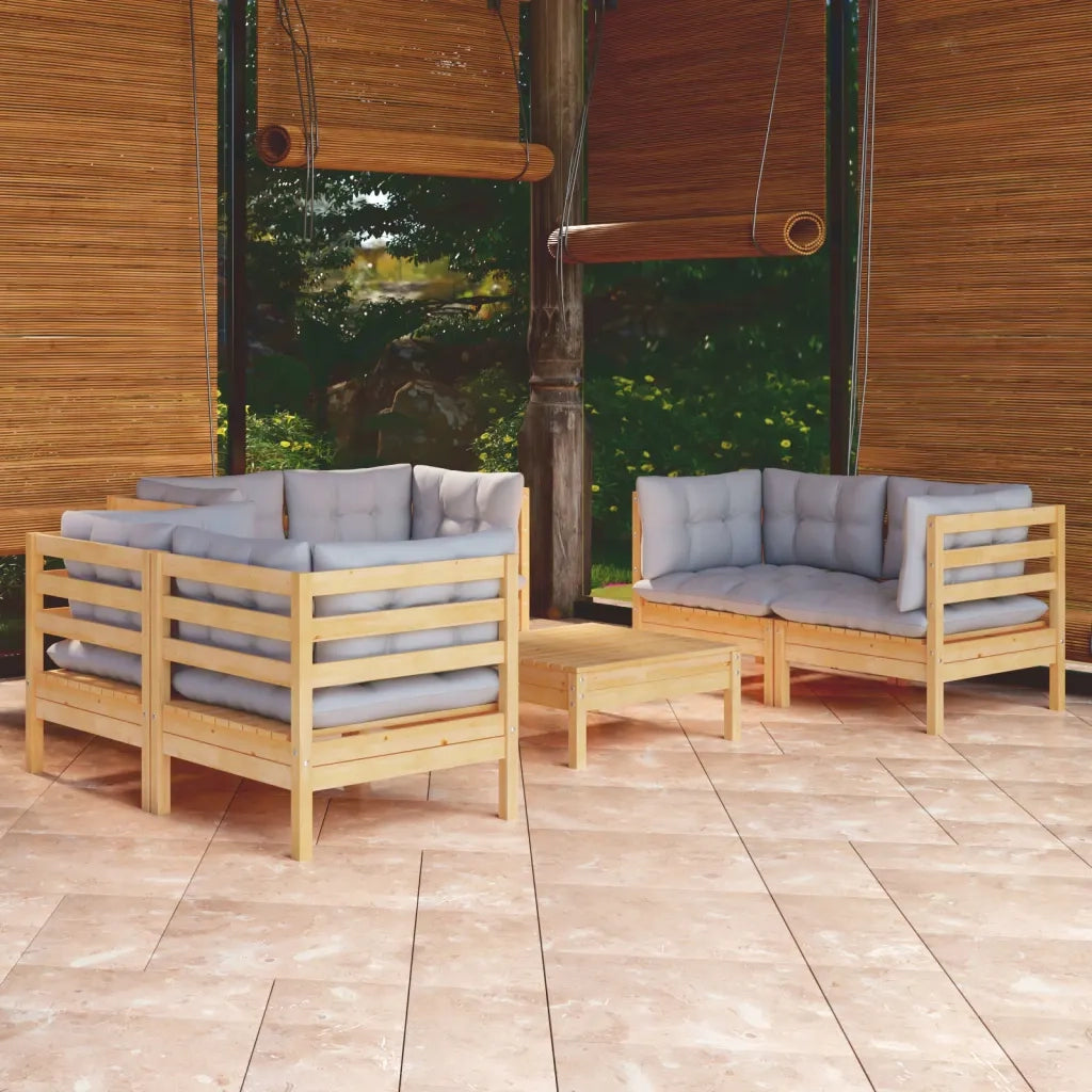 Set Divani da Giardino 7 pz con Cuscini Grigi Massello di Pino 3096249