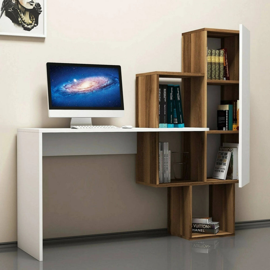 Scrivania Baselice, Scrittoio multiuso, Tavolo per ufficio porta PC, Piano di lavoro, 145x45h75 cm, Noce e Bianco