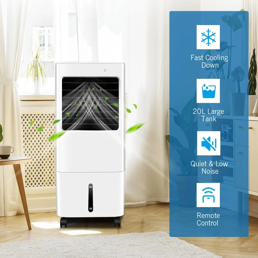 Ventilatore Condizionatore Portatile 65W, Raffreddatore d'Aria 3 in 1, Air Cooler & Ventilatore & Umidificatore, con Telecomando, 4 Velocità Regolabili, Timer 7,5H, Serbatoio d'Acqua 20L