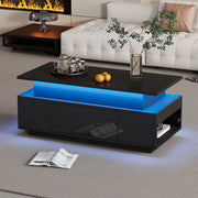 Tavolino da caffè 96x45x40 cm con piano sollevabile; LED e ampio vano contenitore in truciolato nero