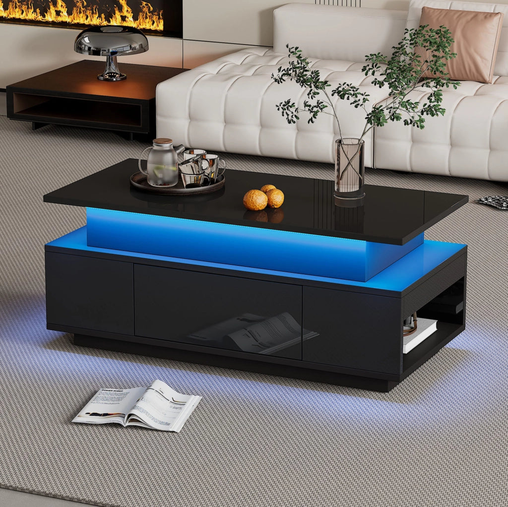 Tavolino da caffè 96x45x40 cm con piano sollevabile; LED e ampio vano contenitore in truciolato nero