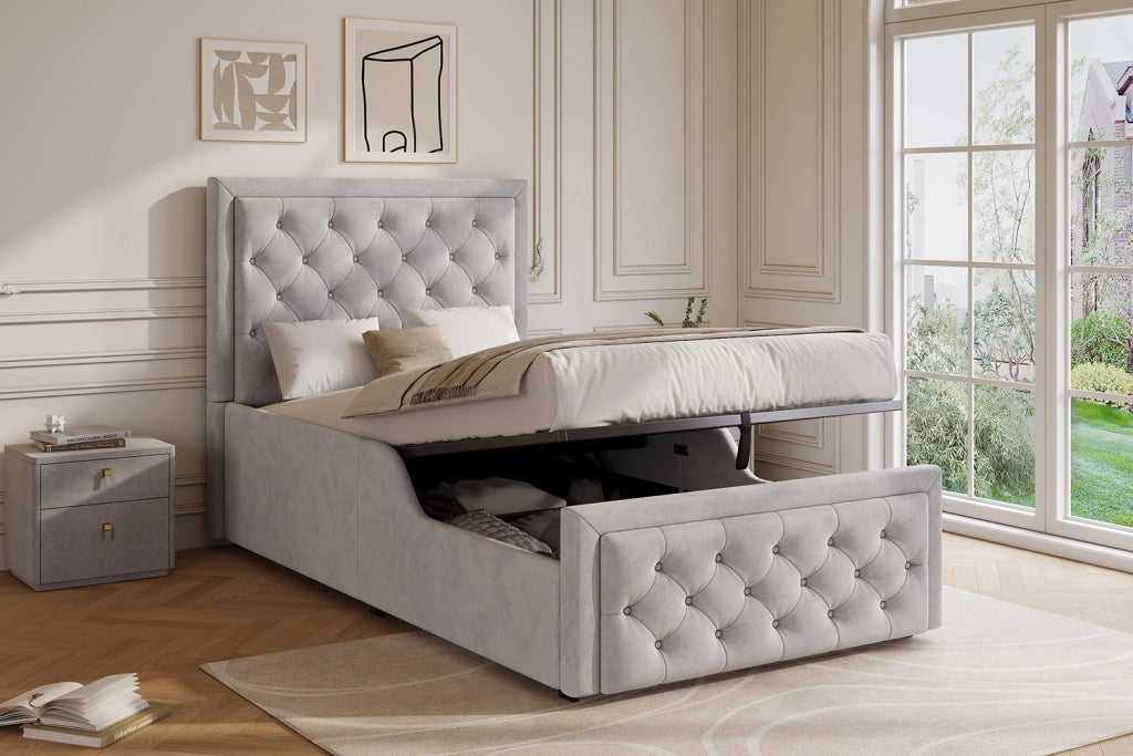 Letto per bambini 90 × 200 cm con contenitore idraulico, testiera imbottita, senza materasso, velluto grigio