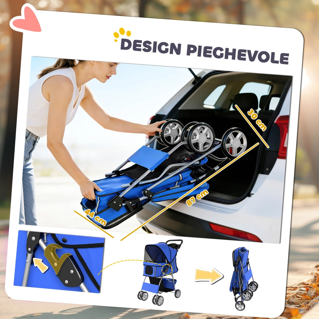 Passeggino per Cani Carrozzina Pieghevole Fino a 10kg con Finestre a Rete e Telaio in Acciaio Blu