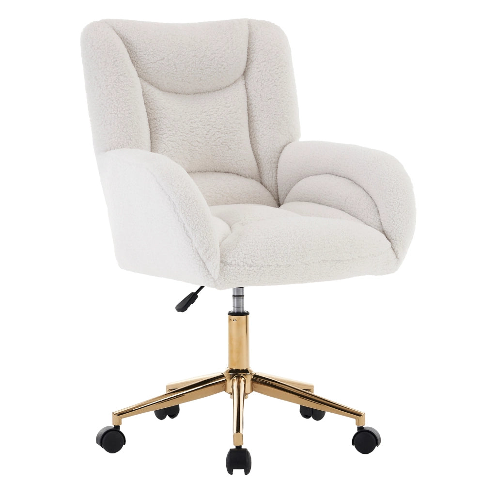 Sedia da ufficio girevole con altezza regolabile in teddy bianco e metallo dorato