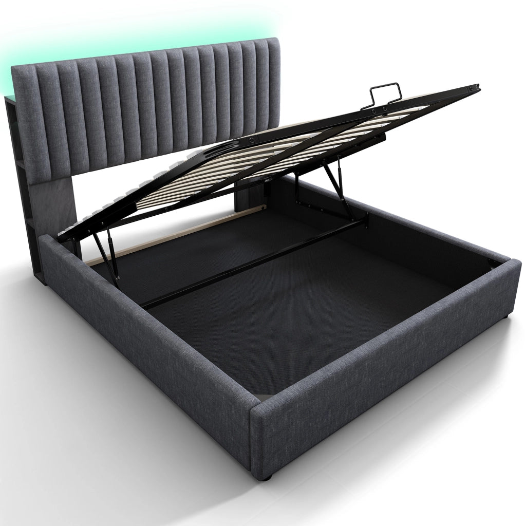 Letto matrimoniale 140x200 cm con contenitore; LED con controllo App; USB e Type C; grigio