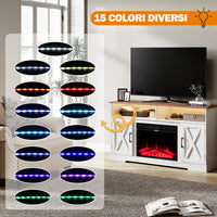 Mobile TV Bianco e Legno Camino Elettrico Effetto Fiamma 3D Telecomando Luci RGB