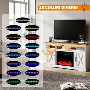 Mobile TV Bianco e Legno Camino Elettrico Effetto Fiamma 3D Telecomando Luci RGB
