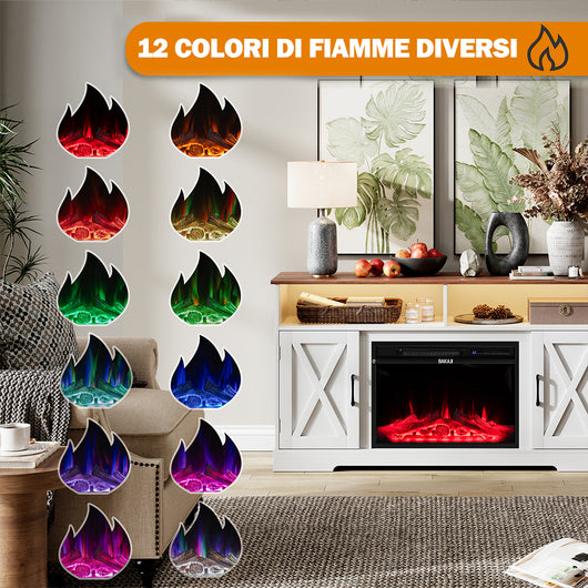 Mobile TV Bianco e Legno Camino Elettrico Effetto Fiamma 3D Telecomando Luci RGB