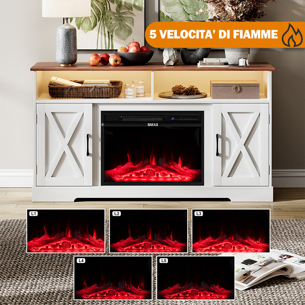 Mobile TV Bianco e Legno Camino Elettrico Effetto Fiamma 3D Telecomando Luci RGB