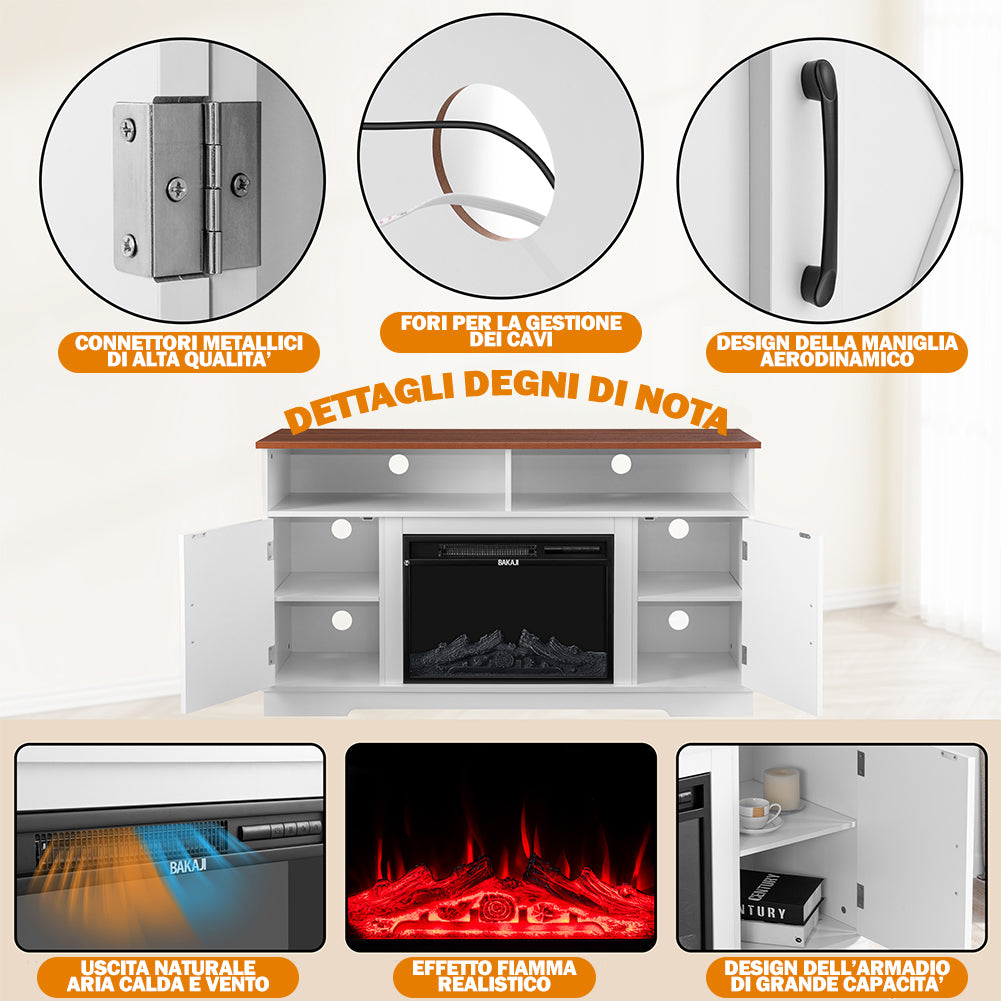 Mobile TV Bianco e Legno Camino Elettrico Effetto Fiamma 3D Telecomando Luci RGB