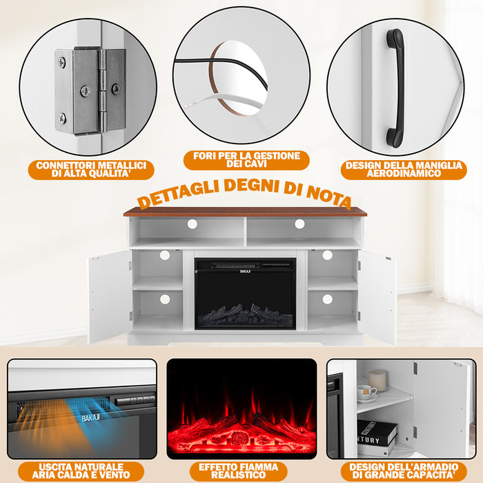 Mobile TV Bianco e Legno Camino Elettrico Effetto Fiamma 3D Telecomando Luci RGB