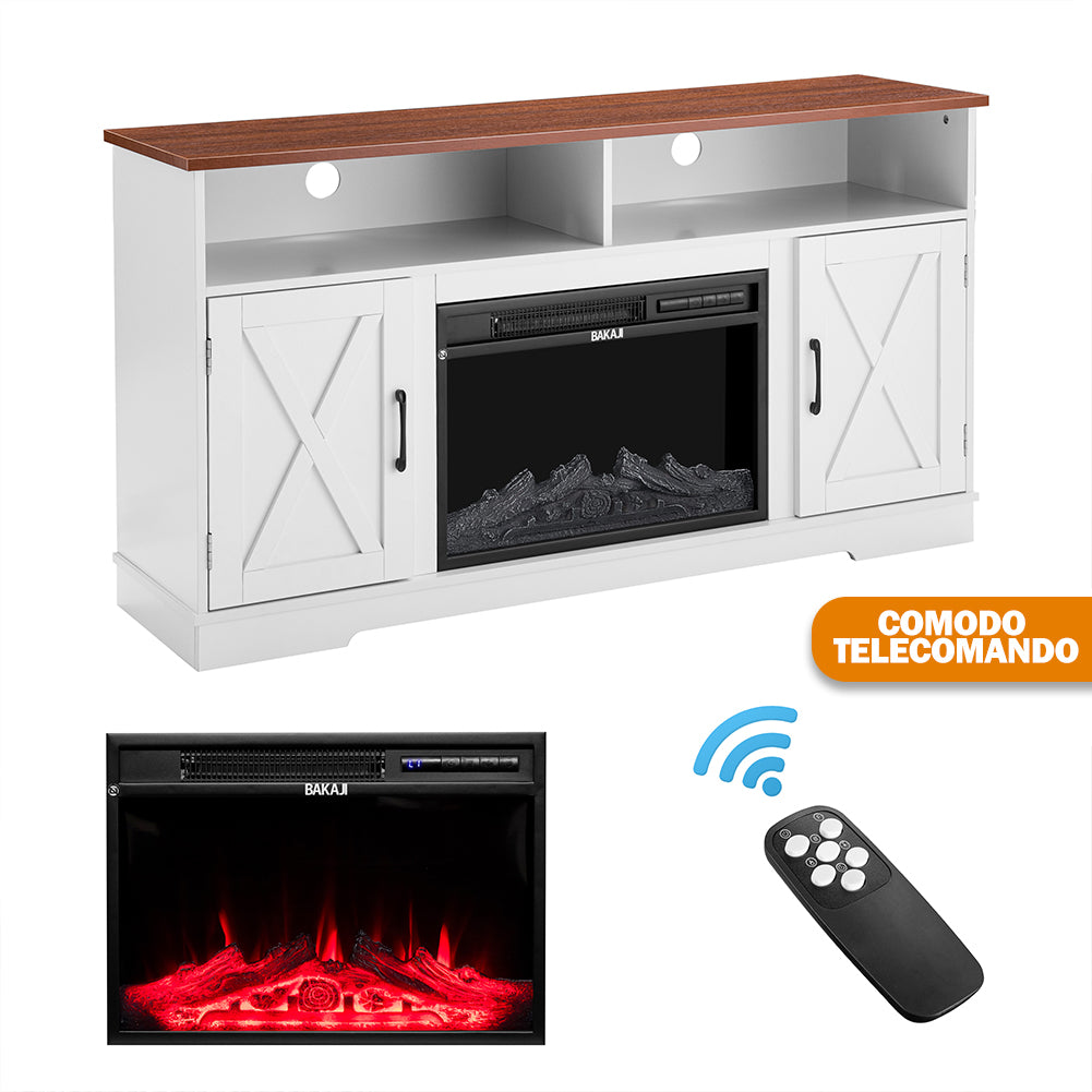 Mobile TV Bianco e Legno Camino Elettrico Effetto Fiamma 3D Telecomando Luci RGB