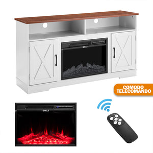 Mobile TV Bianco e Legno Camino Elettrico Effetto Fiamma 3D Telecomando Luci RGB
