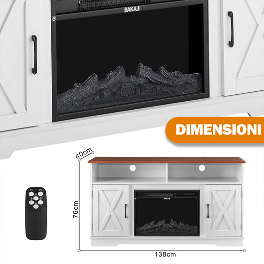 Mobile TV Bianco e Legno Camino Elettrico Effetto Fiamma 3D Telecomando Luci RGB