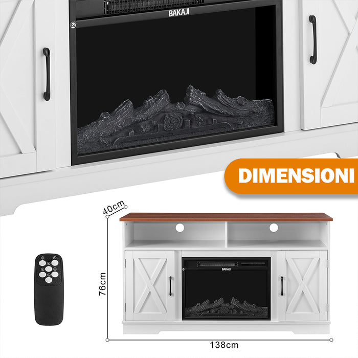 Mobile TV Bianco e Legno Camino Elettrico Effetto Fiamma 3D Telecomando Luci RGB