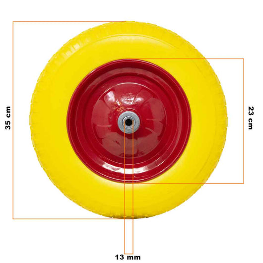 Ruota Piena Antiforatura Carriola 35cm PU Gialla con Asse Acciaio 21cm Resistente