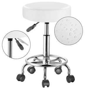 Sgabello con 5 Ruote Girevole in Ecopelle Altezza Regolabile Base Acciaio Robusta Bianco