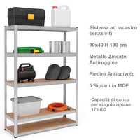 Scaffale Metallo Zincato 5 Ripiani Legno MDF 90x40 H180cm Scaffalatura Garage Casa