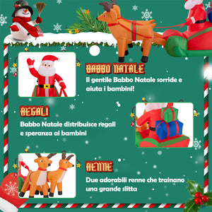 GONFIABILE BABBO NATALE SU SLITTA CON RENNE LUCI A LED 240X137CM AUTOGONFIABILE