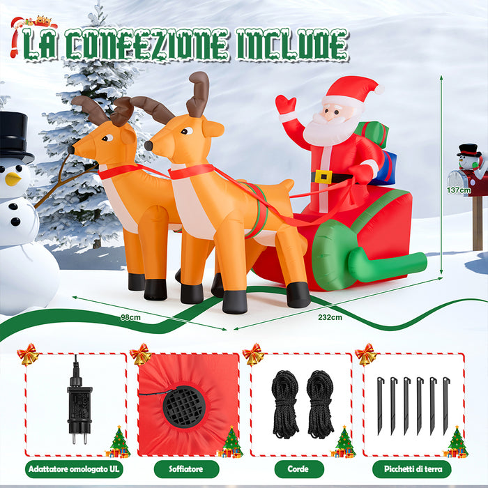 GONFIABILE BABBO NATALE SU SLITTA CON RENNE LUCI A LED 240X137CM AUTOGONFIABILE