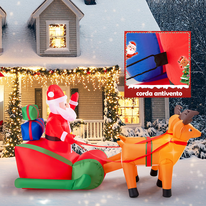 GONFIABILE BABBO NATALE SU SLITTA CON RENNE LUCI A LED 240X137CM AUTOGONFIABILE