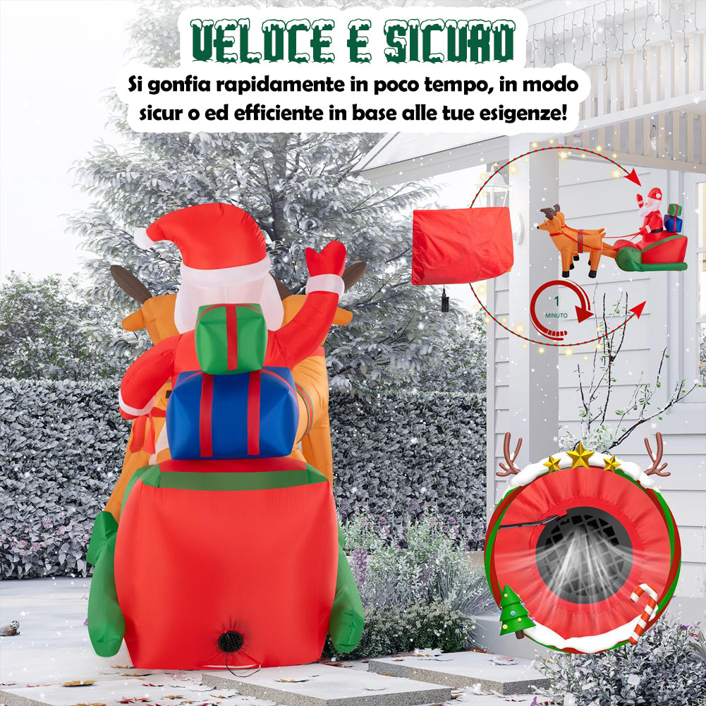 GONFIABILE BABBO NATALE SU SLITTA CON RENNE LUCI A LED 240X137CM AUTOGONFIABILE