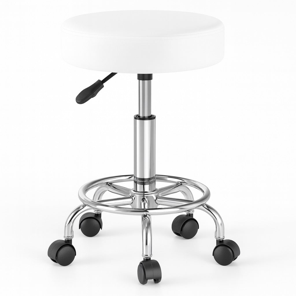 Sgabello con 5 Ruote Girevole in Ecopelle Altezza Regolabile Base Acciaio Robusta Bianco
