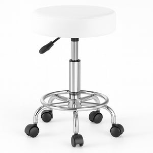 Sgabello con 5 Ruote Girevole in Ecopelle Altezza Regolabile Base Acciaio Robusta Bianco