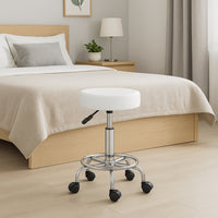 Sgabello con 5 Ruote Girevole in Ecopelle Altezza Regolabile Base Acciaio Robusta Bianco