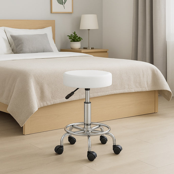 Sgabello con 5 Ruote Girevole in Ecopelle Altezza Regolabile Base Acciaio Robusta Bianco