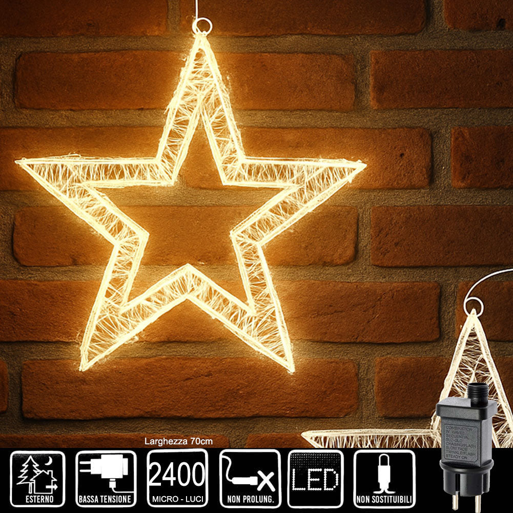 Stella Luminosa di Natale 3D in Metallo con 2400 LED luce calda Larghezza 70 cm