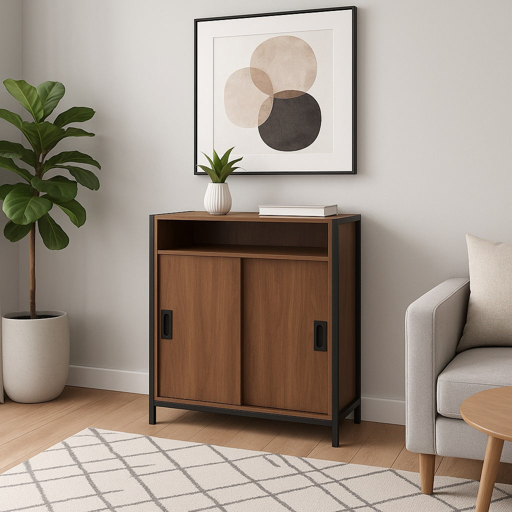 Mobile Basso Multiuso Moderno Nero e Noce con Ante Scorrevoli e Ripiani