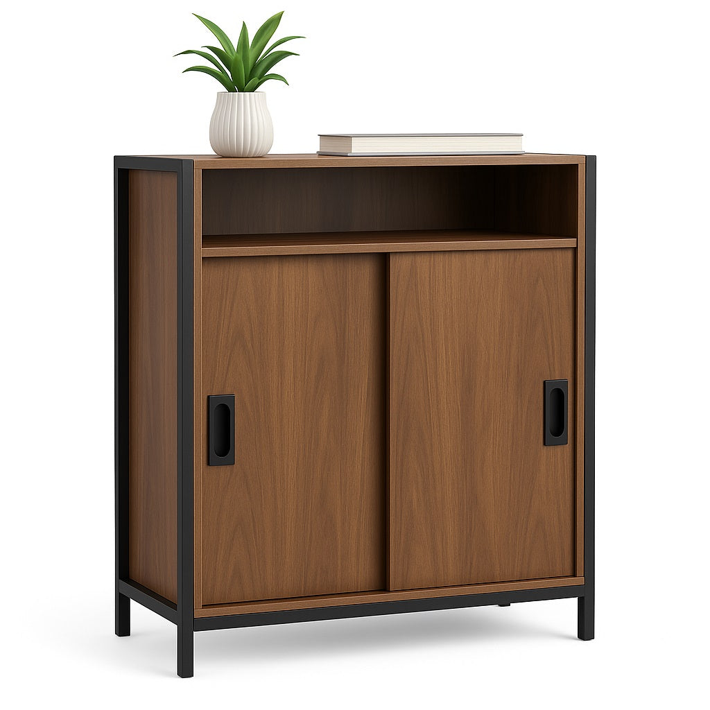 Mobile Basso Multiuso Moderno Nero e Noce con Ante Scorrevoli e Ripiani