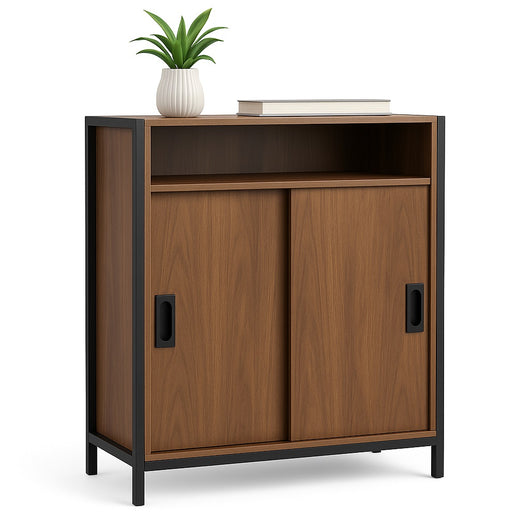 Mobile Basso Multiuso Moderno Nero e Noce con Ante Scorrevoli e Ripiani