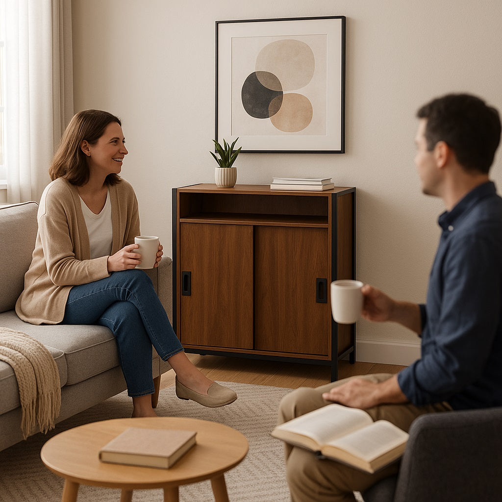 Mobile Basso Multiuso Moderno Nero e Noce con Ante Scorrevoli e Ripiani