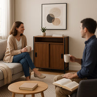 Mobile Basso Multiuso Moderno Nero e Noce con Ante Scorrevoli e Ripiani