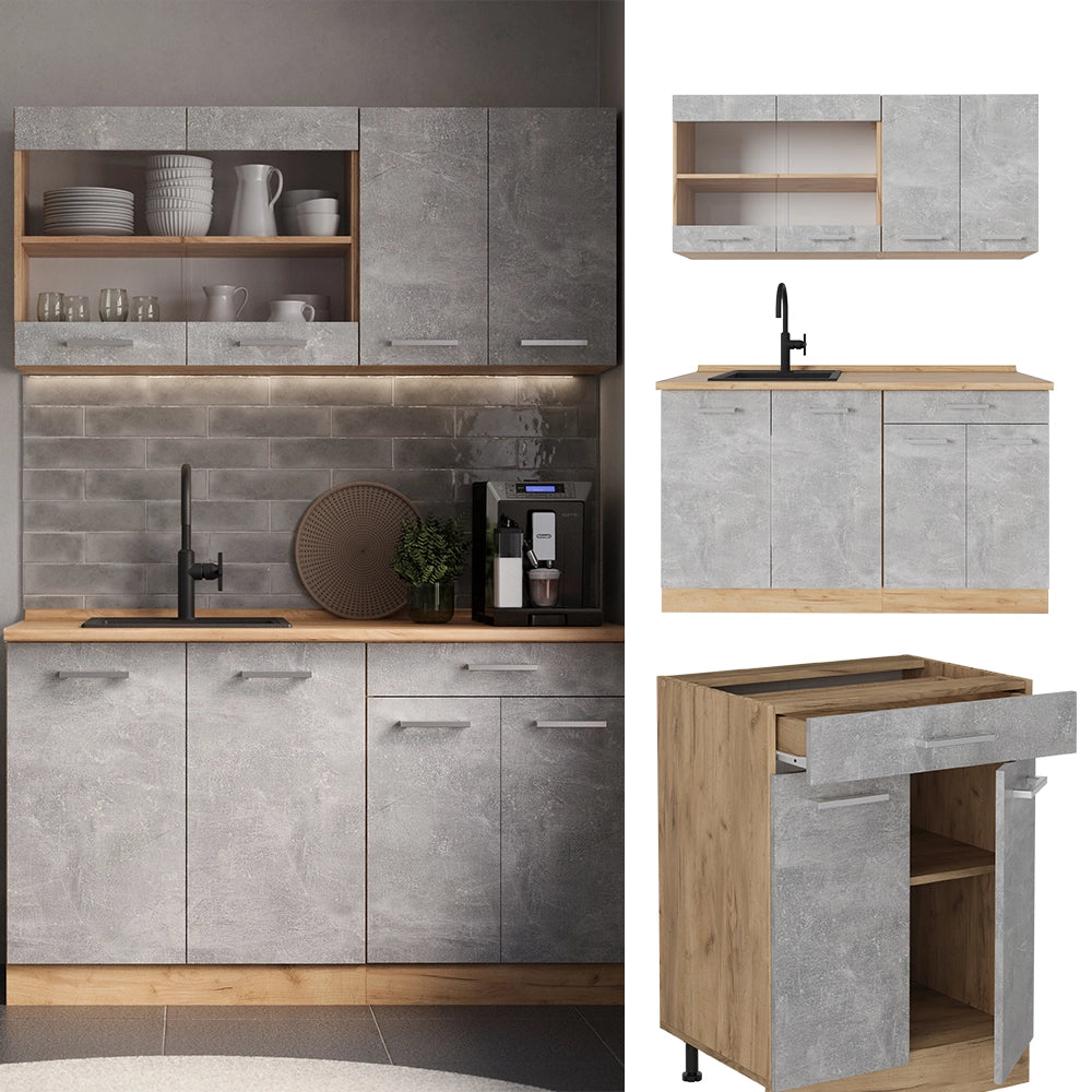 Vicco Cucina monoblocco Calcestruzzo/quercia dorata 140 cm , PL Marmo