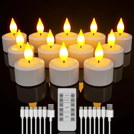 Luminarie LED a vela - Luminaria LED a vela con telecomando timer e cavo USB per ricarica - 12 pezzi di luminarie a vela ricaricabili senza fiamma per decorazione di casa, camera da letto, tavola, Halloween e Natale