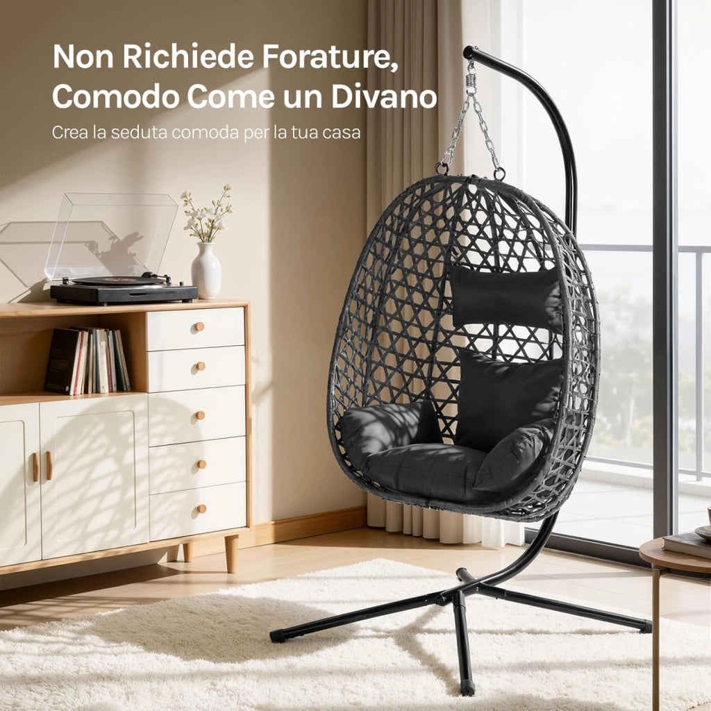 Poltrona Sospesa a Uovo, Sedia Sospesa con Supporto in Metallo, Cuscino e Poggiatesta, Altezza Regolabile, in Rattan PE, per Giardino, Terrazza, 102x100x196 cm, Nero